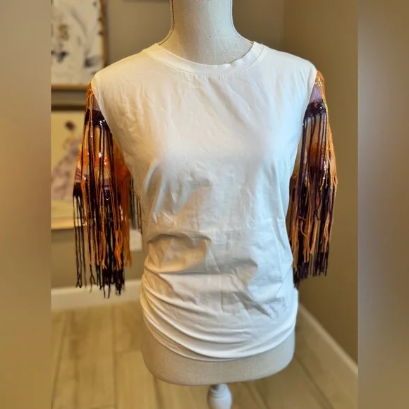 New! QUEEN OF SPARKLES Orange and Purple Sequin Fringe Spirit Tee - Picture 3 of 8
